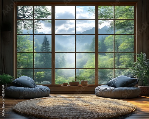 Serene room with large window showcasing mountain view. photo