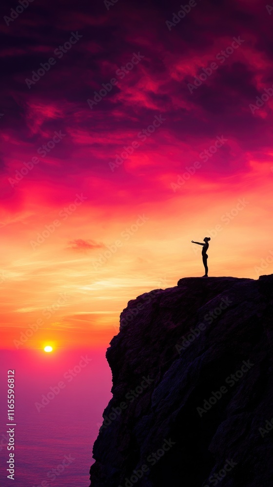A silhouetted figure stands on a cliff during a vibrant sunset, with colorful skies and the sun setting on the horizon. A silhouetted figure stands on a cliff during a vibrant sunset, with colorful skies and the sun setting on the horizon.