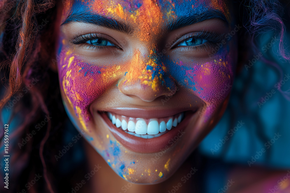 Smiling face covered in vibrant colors during Holi festival celebrations in India Smiling face covered in vibrant colors during Holi festival celebrations in India