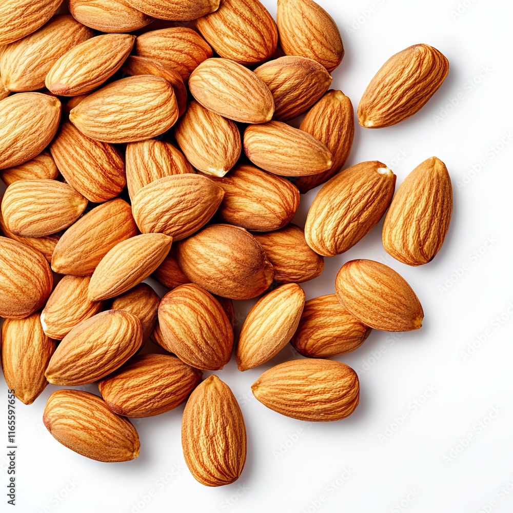 Fototapeta premium Raw Almonds, Isolated on a White Background, Cut Out, Healthy Snack, Nutritional Food, Natural Ingredients, Organic Eating