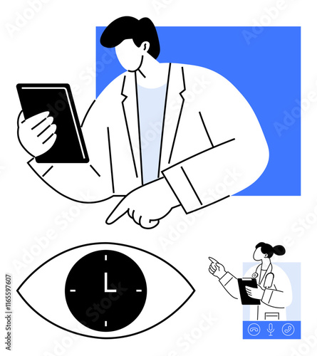 Doctor holding tablet, pointing to highlight time inside an eye icon, and virtual consultation elements. Ideal for healthcare, telemedicine, productivity, time focus, digital tools, research