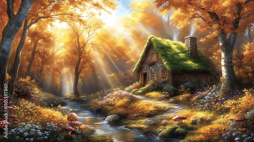 Autumnal Cottage Nestled In A Magical Forest