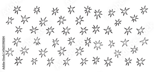Hand drawn stars shapes with crayon and pencil textures set. Doodle flat star icons