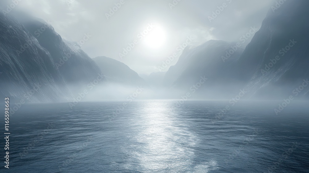 Misty fjord landscape with sunlit water. Misty fjord landscape with sunlit water.