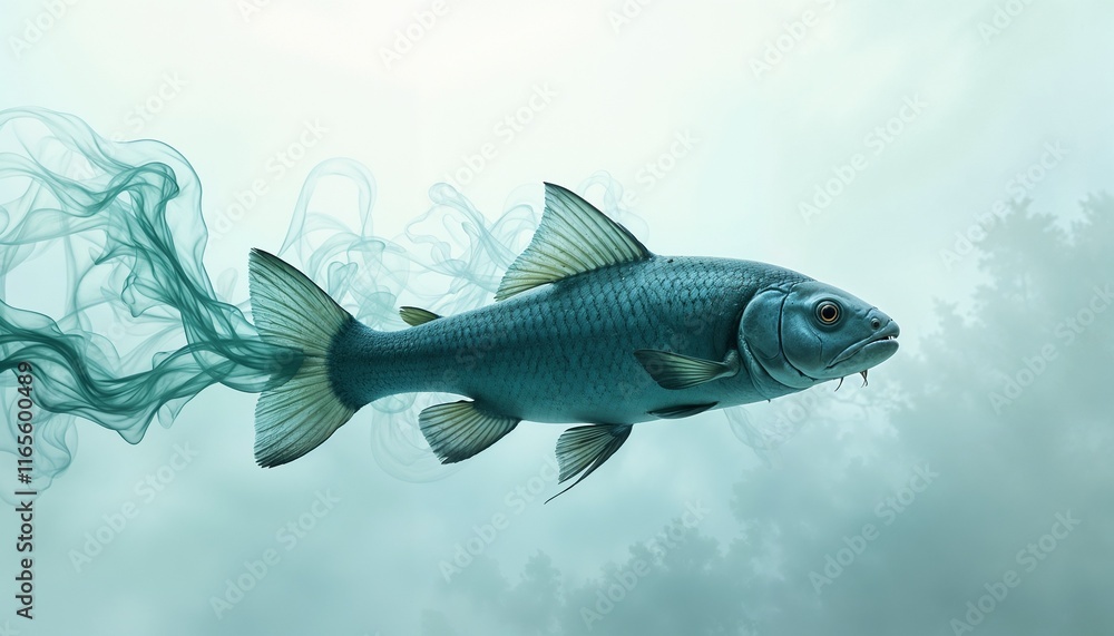Naklejka premium Realistic fish swimming gracefully with swirling smoke in a tranquil underwater scene