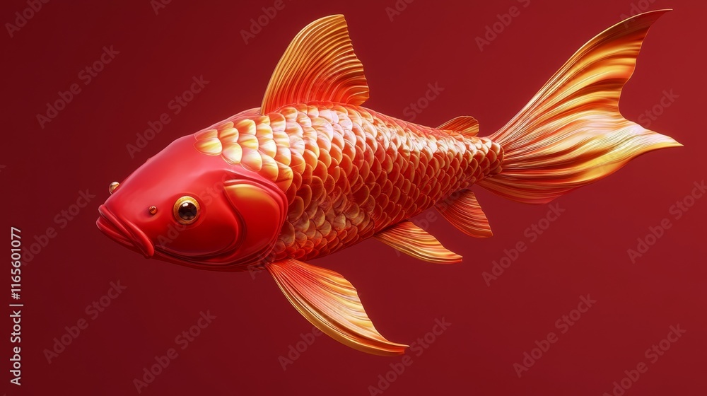 Majestic Lucky Red Fish with Golden Scales - Festive 3D Illustration Majestic Lucky Red Fish with Golden Scales - Festive 3D Illustration