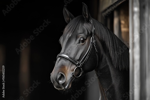 Black horse with bridle looking out from stable and dark background highlighting sleek coat photo