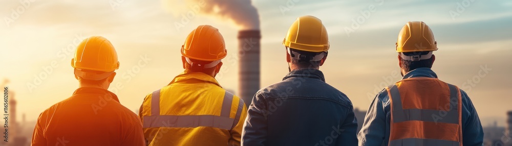 Group of Industrial Workers in Safety Helmets Observing a Smokestack at Sunrise Group of Industrial Workers in Safety Helmets Observing a Smokestack at Sunrise