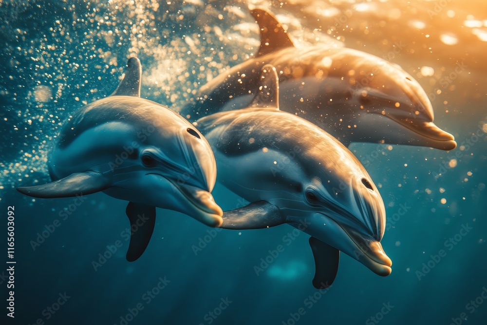 Dolphins swimming gracefully underwater illuminated by sunlight through the water Dolphins swimming gracefully underwater illuminated by sunlight through the water