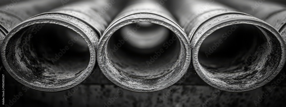 Close-up Black-and-White Photograph of Steel Pipes, Industrial Design, Metal Texture, Modern Architecture Close-up Black-and-White Photograph of Steel Pipes, Industrial Design, Metal Texture, Modern Architecture