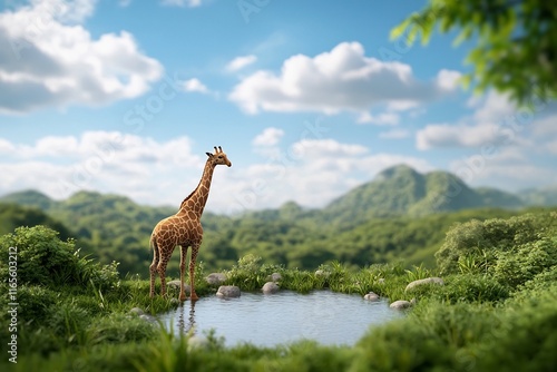 Majestic Giraffe in Lush Savanna Habitat   Stunning Wildlife Photography for Commercial Use photo