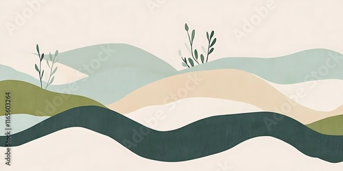 Abstract landscape illustration with pastel hills, green plants, and wavy lines.