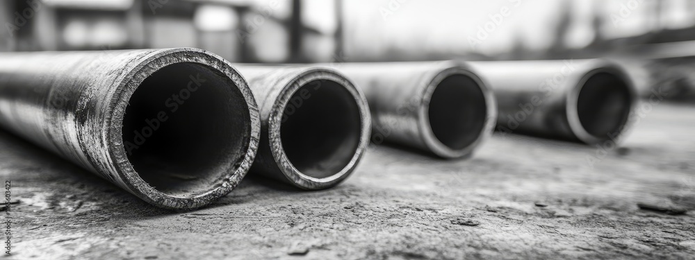 Close-up Black-and-White Photograph of Steel Pipes, Industrial Design, Metal Texture, Modern Architecture Close-up Black-and-White Photograph of Steel Pipes, Industrial Design, Metal Texture, Modern Architecture