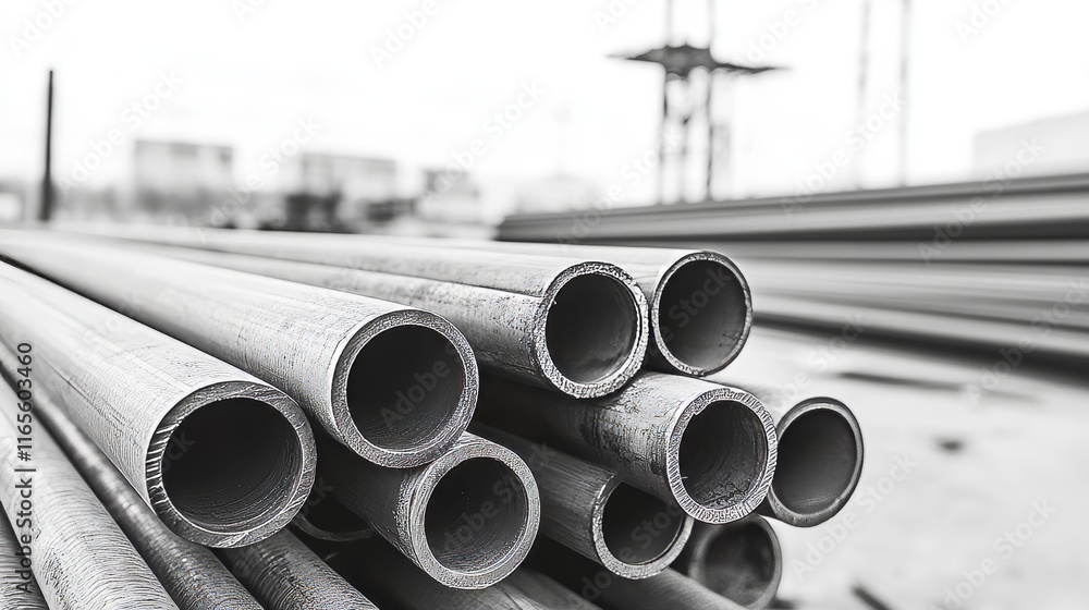Fototapeta premium Close-up Black-and-White Photograph of Steel Pipes, Industrial Design, Metal Texture, Modern Architecture