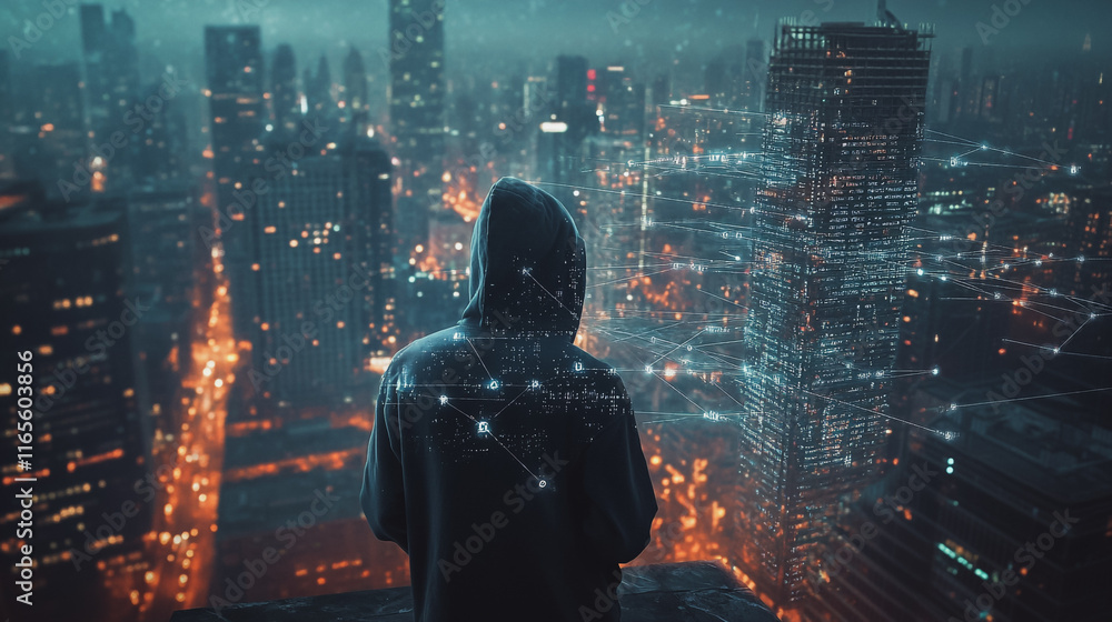Hacker are planning to hack and attack networks and cyber security systems. Smart Innovation city with connection future wireless digital city and social media networking over the cityscape. Hacker are planning to hack and attack networks and cyber security systems. Smart Innovation city with connection future wireless digital city and social media networking over the cityscape.