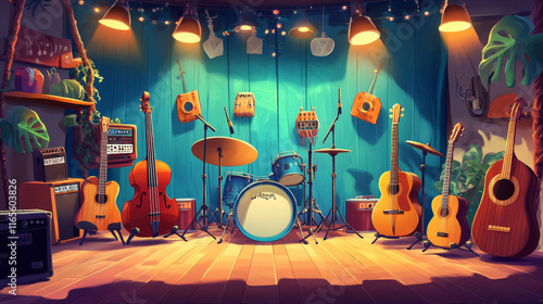 Musical instruments cartoon background for classic or ethnic music concert and entertainment event design with drum sets, acoustic and electric guitars, violins and saxophones, balalaikas and sitars photo