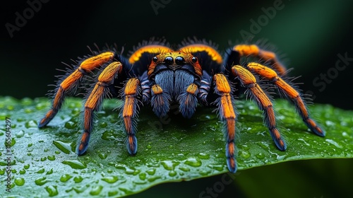 Vibrant Orange and Black Spider Resting on Dew-Covered Green Leaf in Tropical Rainforest – Close-Up Macro Wildlife Photography photo