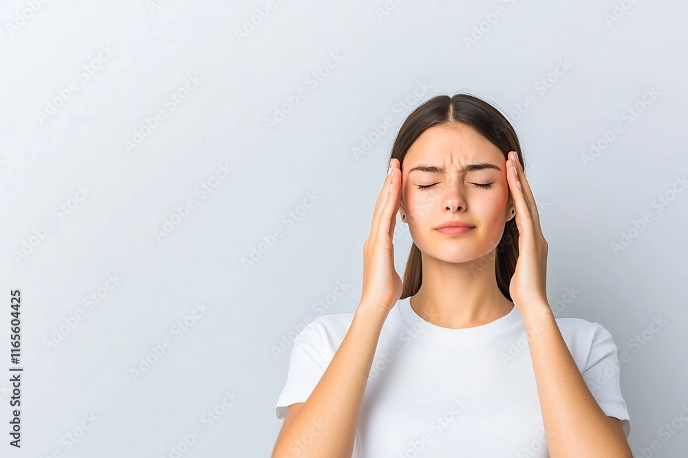 Stressed Woman with Hands on Head Experiencing Migraine or Headache in Studio Shot Stressed Woman with Hands on Head Experiencing Migraine or Headache in Studio Shot