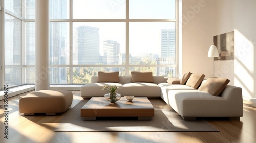 Modern city apartment living room with large windows offering a stunning cityscape view, sunlight streaming in, highlighting the contemporary furniture. photo