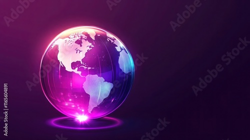 A modern clipart of a glass globe with simplified continents, glowing softly against a deep purple background. A symbol of global connection.