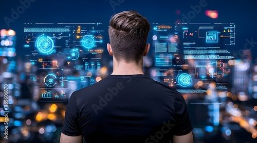 Man Observing Futuristic Data Interface Over City Skyline at Night