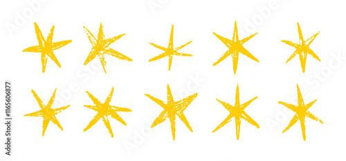Grunge hand drawn yellow stars brush strokes and spray paint. Doodle star texture graffiti elements. Vintage ink stars
