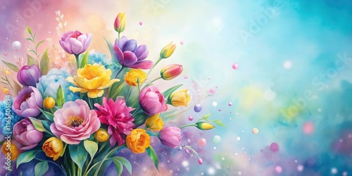 Vibrant Bouquet of Spring Flowers on a Pastel Background Featuring Tulips, Peonies, and Other Blossoms