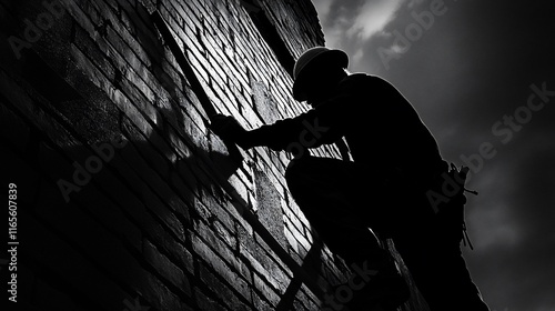 Silhouette of a worker painting a brick wall. photo