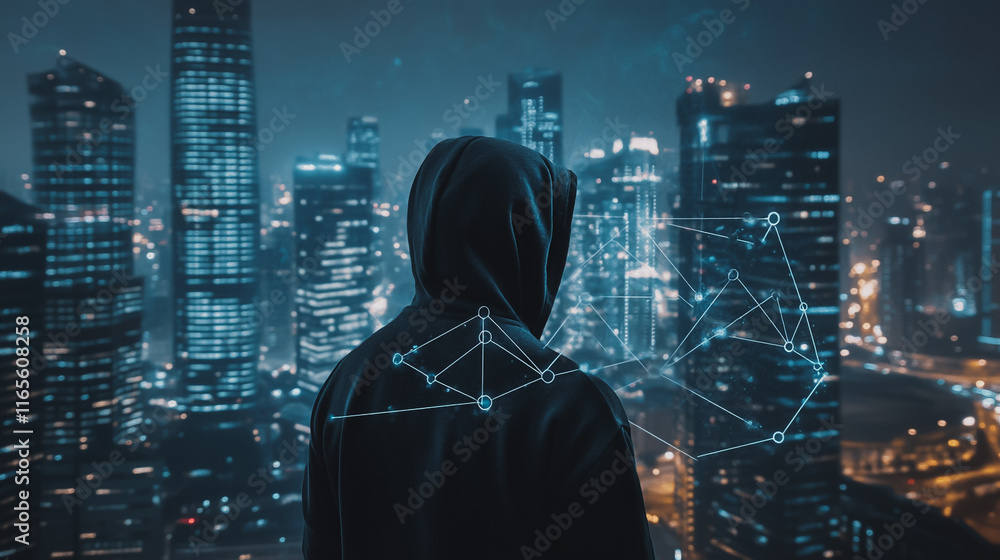 Hacker are planning to hack and attack networks and cyber security systems. Smart Innovation city with connection future wireless digital city and social media networking over the cityscape. Hacker are planning to hack and attack networks and cyber security systems. Smart Innovation city with connection future wireless digital city and social media networking over the cityscape.