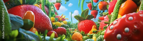 Worms-eye view of a whimsical fantasy world, surreal food landscapes, giant fruits and vegetables, vibrant colors, dreamlike atmosphere, enchanting details photo