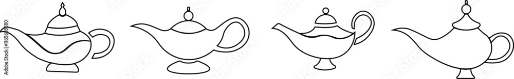 Obraz premium Magical Genie Lamp icon set. Mystical, black line vector ornate genie lamp, radiating magic and wonder with sparkling stars. Perfect for fantasy, storytelling, and wish granting themes.