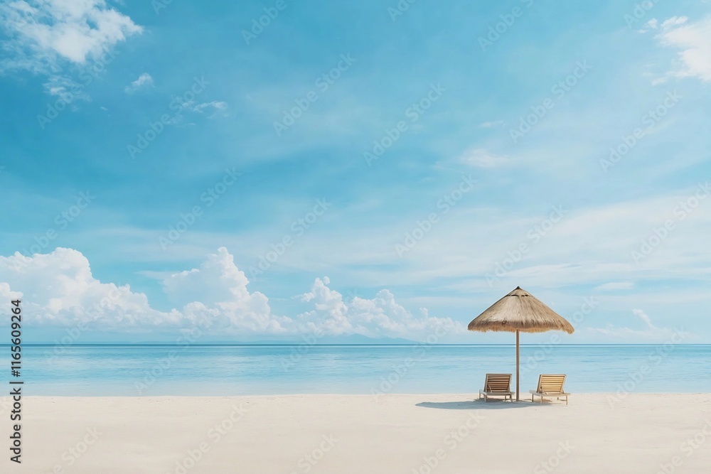 Tranquil Beach Getaway with Umbrella and Chairs under Cloudless Blue Sky Tranquil Beach Getaway with Umbrella and Chairs under Cloudless Blue Sky
