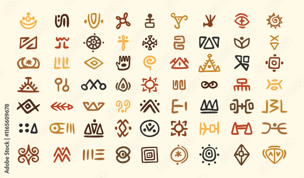 Naklejka premium African tribal symbols Abstract geometric shapes doodle decoration set. Ethnic boho elements collection. Colorful mayan hand drawn design. 