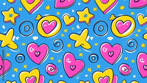 Bright and playful seamless pattern showcasing vibrant hearts, stars, and playful shapes on a cheerful blue background designed for decorative use photo