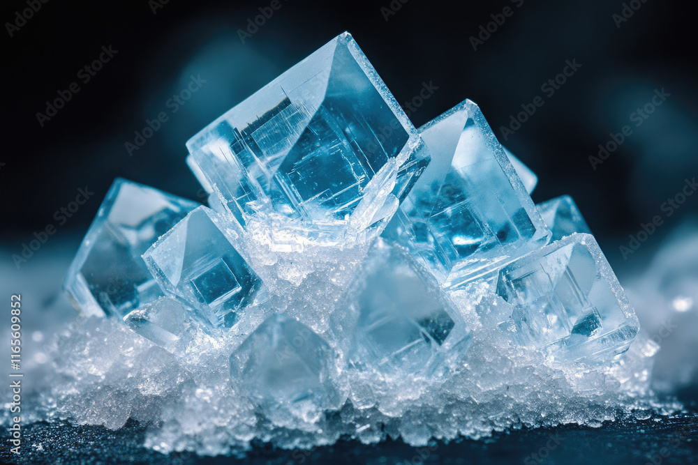 A cluster of stunning blue crystals rests on a bed of ice, showcasing intricate geometric formations. A cluster of stunning blue crystals rests on a bed of ice, showcasing intricate geometric formations.