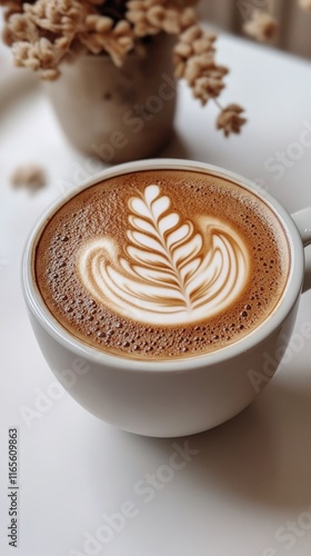 A Delicate Latte Art: A Perfect Morning Treat. Exquisitely Crafted Coffee in a White Cup. A Cozy and Relaxing Moment. photo