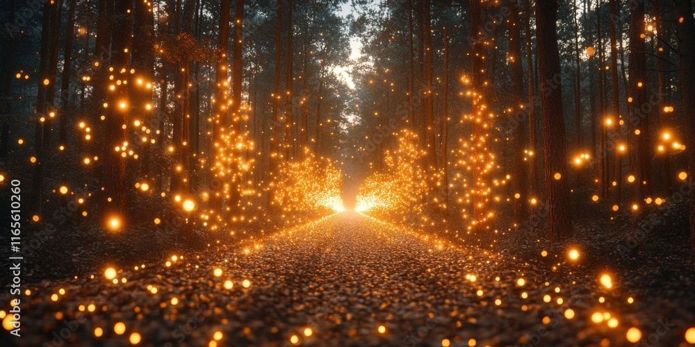 Magical forest path with glowing lights. Magical forest path with glowing lights.
