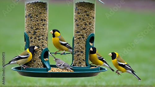 Evening grosbeak flock feeding at birdfeeder and scaring off Doves and other grosbeaks photo