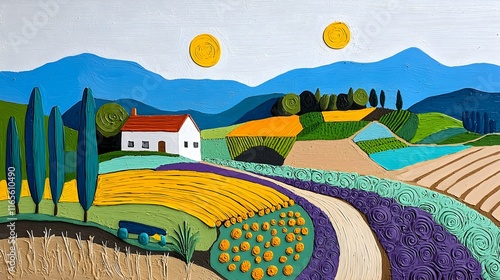 Vibrant Landscape with Rolling Fields and a Quaint Cottage Scene