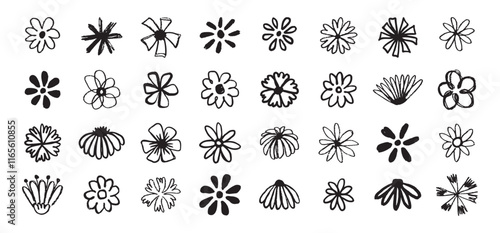 Flowers grunge brush doodle blossom icons set. Flowers Scribble ink hand drawn brush. Chamomile flowers markers crayons icons 