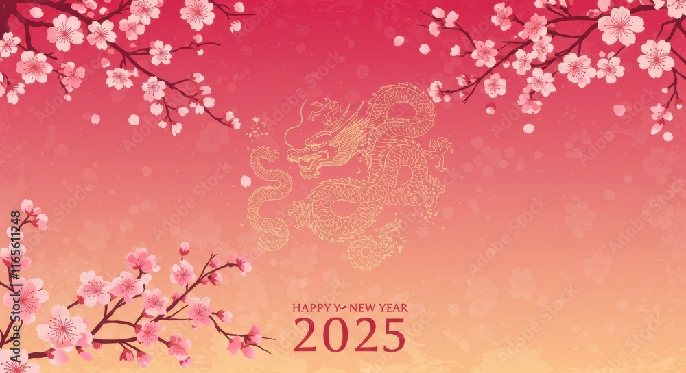 Chinese New Year 2025: A vibrant and auspicious celebration of the Year of the Dragon, adorned with delicate cherry blossoms and a golden dragon silhouette against a radiant red backdrop. Chinese New Year 2025: A vibrant and auspicious celebration of the Year of the Dragon, adorned with delicate cherry blossoms and a golden dragon silhouette against a radiant red backdrop.