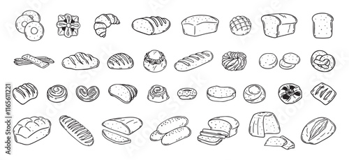 Bread different types hand drawn doodle outline icon set. Bread engraving, line art. Wheat products, baked goods, bakery