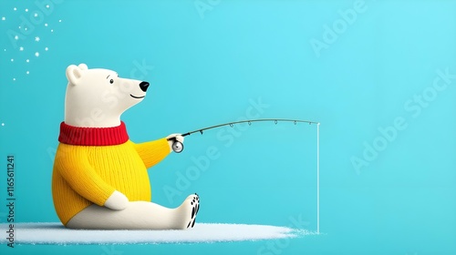 Cute Polar Bear with Fishing Rod on Bright Blue Background