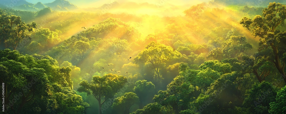 Golden sunlight streams through lush green forest canopy. Serene nature scene, perfect for environmental themes. Golden sunlight streams through lush green forest canopy. Serene nature scene, perfect for environmental themes.
