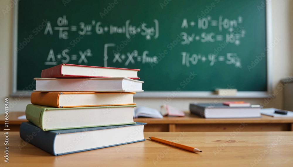 Stack of textbooks with pencil on wooden desk, school supplies concept Stack of textbooks with pencil on wooden desk, school supplies concept