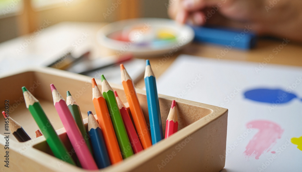 Vibrant colored pencils in art classroom setting, creative expression Vibrant colored pencils in art classroom setting, creative expression
