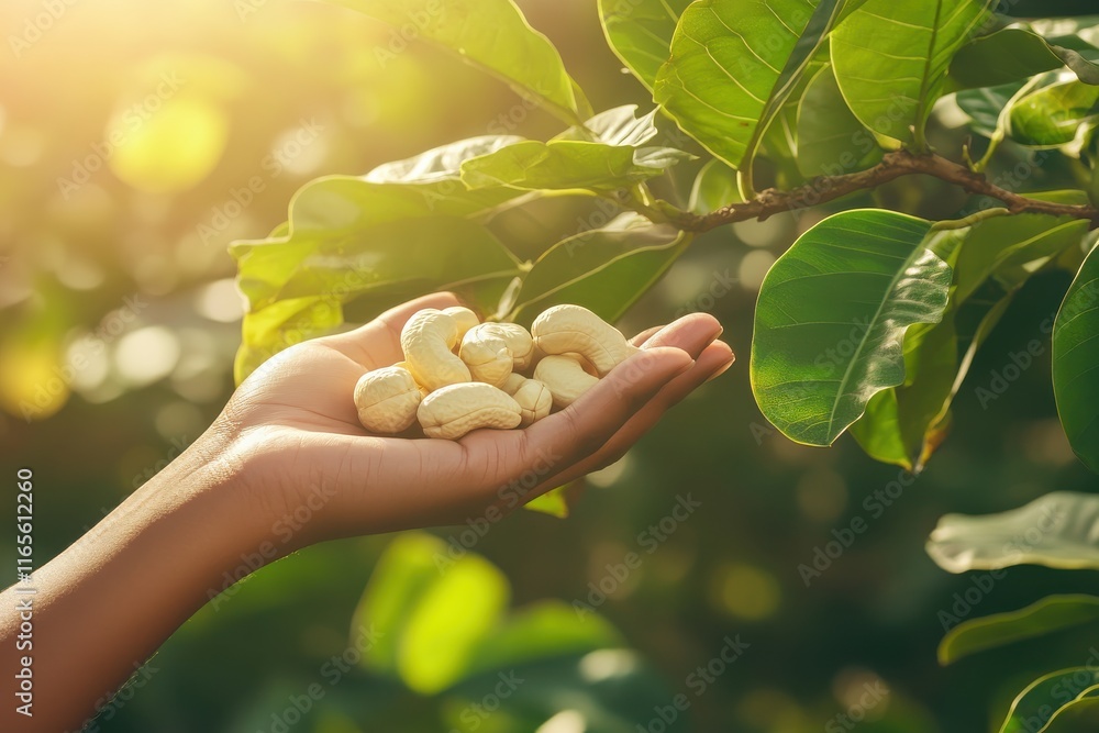 Hand Holding Raw Cashew Nuts with Warm Lighting in an Outdoor Plantation Setting, Captured at Shallow Depth of Field for Natural and Inviting Atmosphere Hand Holding Raw Cashew Nuts with Warm Lighting in an Outdoor Plantation Setting, Captured at Shallow Depth of Field for Natural and Inviting Atmosphere