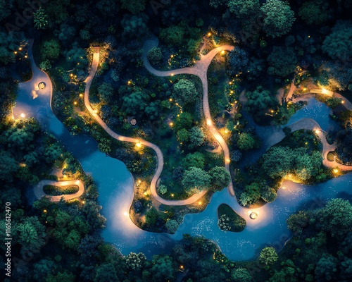 Aerial view of a magical garden at night. Winding paths, glowing lights, and lush greenery create a serene and enchanting scene. Perfect for travel, nature, and fantasy themes.