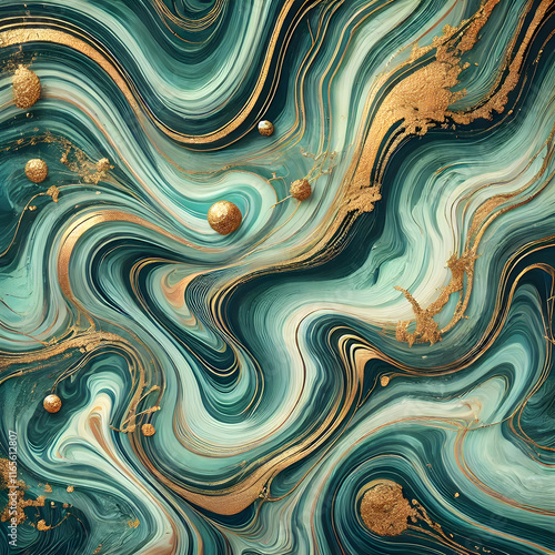 An abstract background featuring a fluid marble texture with a combination of teal green and gold hues.