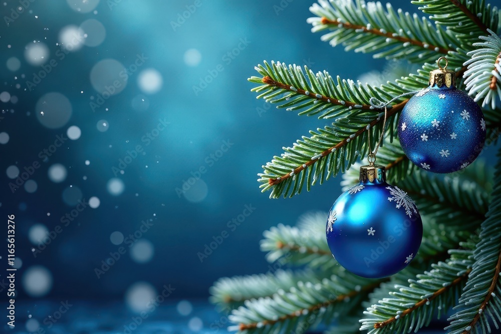 Frosted pine boughs, blue ornaments, snowflakes , branches, evergreen, blue christmas Frosted pine boughs, blue ornaments, snowflakes , branches, evergreen, blue christmas